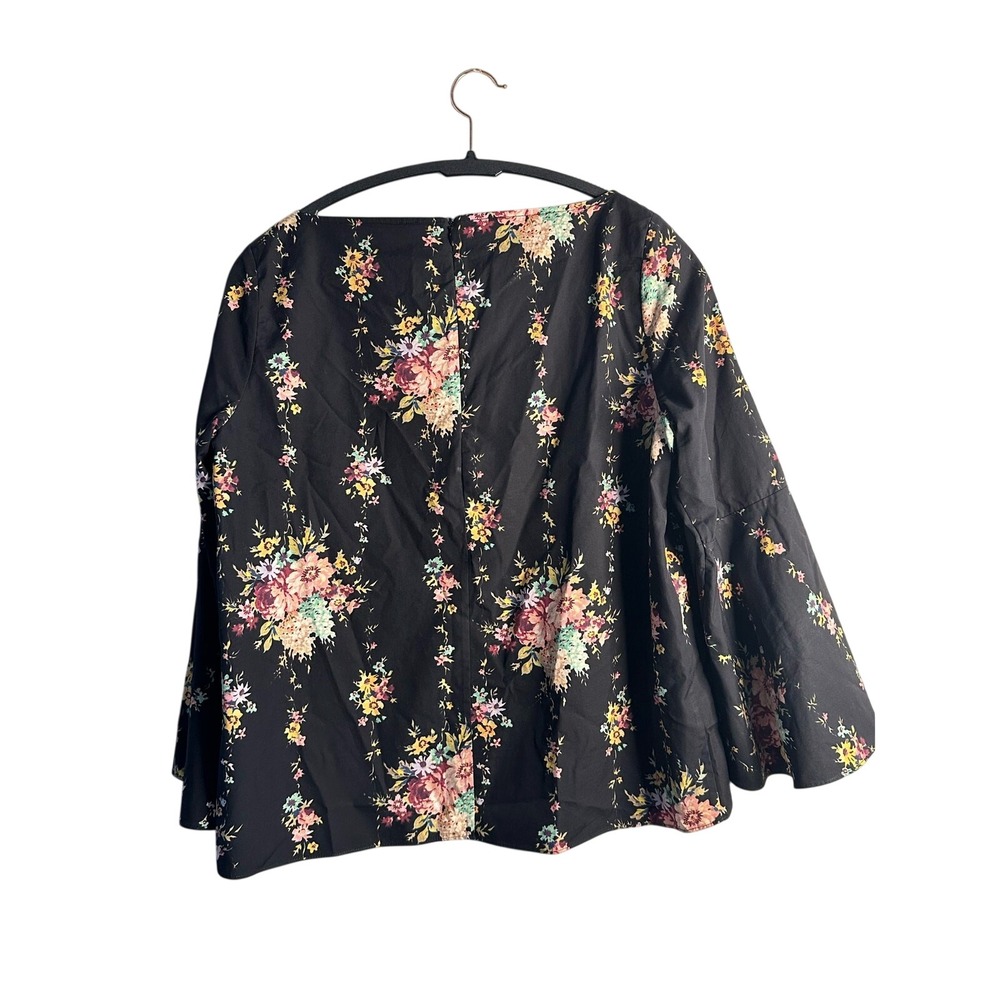 Alice + Olivia Black Floral Bell‎ Sleeve Blouse Boat Neck Zipper Back Size M